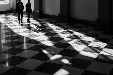 Monochrome Duet: Two Men Strolling Across Tiled Floorsの素材