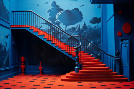 Contrasting Harmony: Exploring the Blue Staircase amidst a Vibrant Red Wall Graphicの素材