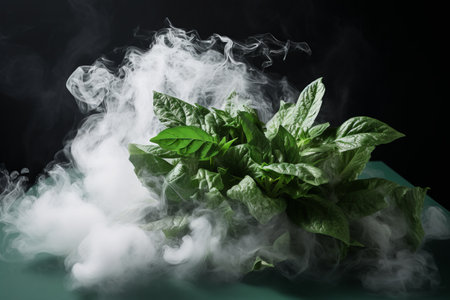 Mystical ambiance captured: Green Leaf Plant Enveloped in Ethereal White Smoke - AR 3:2の素材