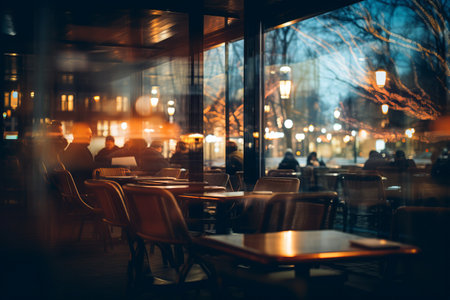 Capturing the Enigmatic Glow: Blurred Artificial Illumination in a CafÃ© at Night (AR 3:2)の素材