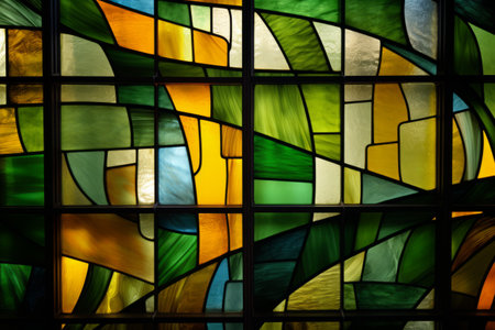 The Colorful Symphony: A 3:2 Artistry with Green, Yellow, Brown, and Blue Stained Glassの素材