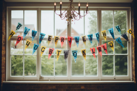 Celebrating in Style: Hanging Birthday Banner Letters on a Window Paneの素材