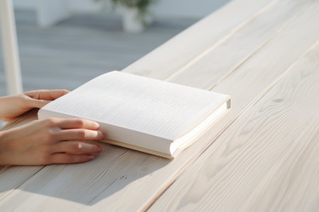 The Serenity of White: A Captivating Book on a Wooden Tableの素材