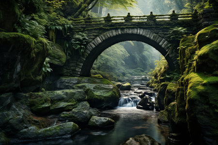 Cascading Beauty: The Enchanting Bridge Near the Waterfallの素材