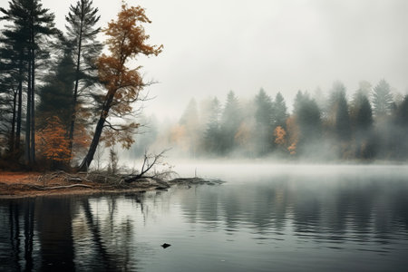 Mystical Reflections: Captivating Foggy Lake Photo in AR 3:2の素材