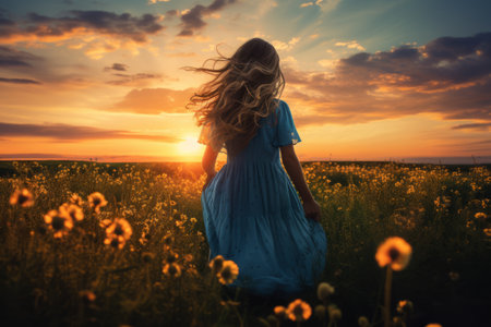 Captivating Beauty: A Girl in a Blue Dress Embracing the Serene Sunset on a Grass Fieldの素材