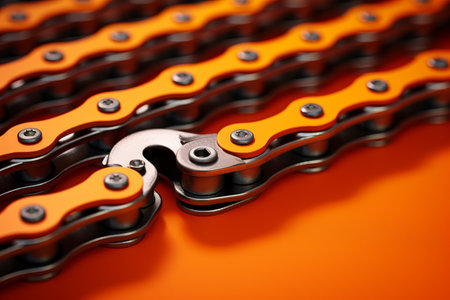 Captivating Contrast: Vibrant Orange Surface Complements Gray Bicycle Chain --ar 3:2の素材