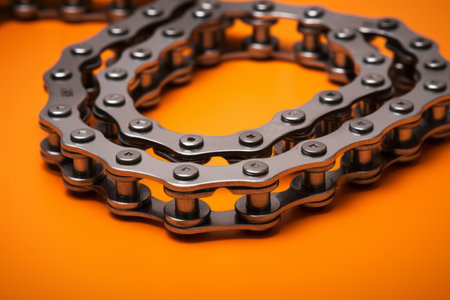 Cultural Contrasts: Vibrant Gray Bicycle Chain on Lively Orange Surface -- AR 3:2の素材