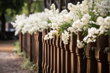 Elegant Elegance: Line of White Flowers adorning Brown Wooden Pillars in a Harmonious 3:2 Arrangemenの素材