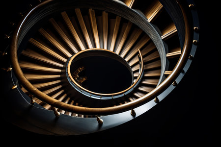 Mesmerizing Symmetry: Captivating Low Angle View of Spiral Staircase Against a Mysterious Black Backの素材