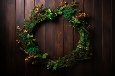 Naturally Elegant: A Captivating Brown Wooden Board Adorned with a Vibrant Green Floral Wreath - arの素材