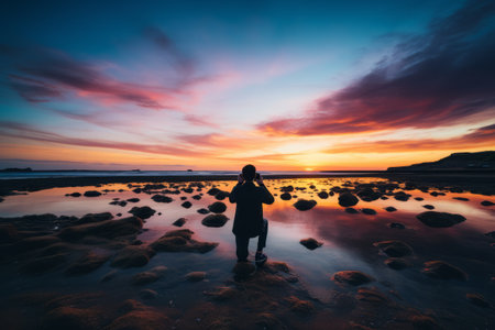 Dawns Enchanting Moments Captured: A Spectacular AR 3:2 Picture of a Photographer Immersed in Clickの素材