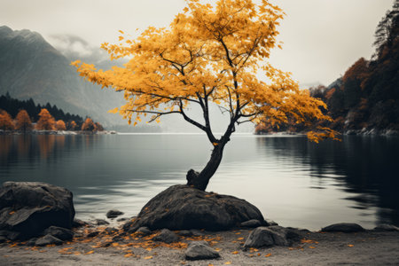 Natures Golden Reflection: Stunning 3:2 Shot of Yellow Leaf Tree Mirrored in Tranquil Watersの素材