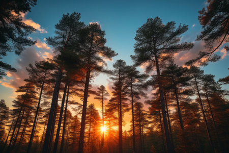 Picturesque Pine Trees Bathed in Golden Hour Glow Under a Clear Blue Sky -- Artistic 3:2 Compositionの素材
