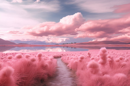 Enchanting Pink Landscape: A Blossoming Grass Field by the Serene Pink Lakeの素材