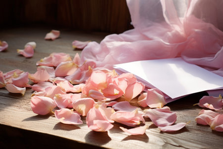 Capturing the Delicate Beauty: Pink Petals of Roses and a Sheet of Paper Graces the Table - AR 3:2の素材