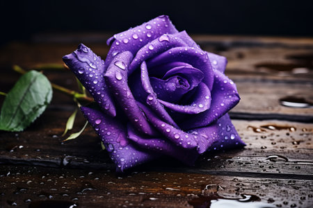 Mystical Beauty: A Purple Rose Blooms on a Rustic Wooden Surfaceの素材
