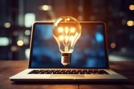 Enlightening the Future of Education and Business: The Laptop and Glowing Light Bulb Connectionの素材