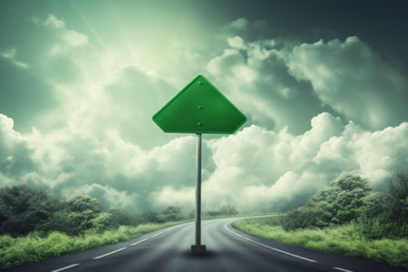 Embracing Sustainability: Embarking on the Journey with Green Road Signs Amidst Cloudsの素材