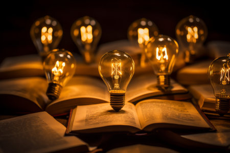 Illuminating Knowledge: Radiant Light Bulbs Enhancing the World of Books â AR 3:2の素材