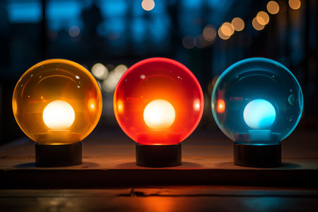 Radiant Symphony: Captivating Red, Blue, and Yellow Round Lights in 3:2 Arrangementの素材