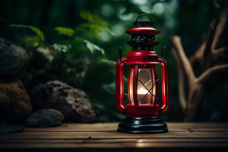 Radiant Glow: The Illuminated Red Lantern Lamp at AR 3:2の素材