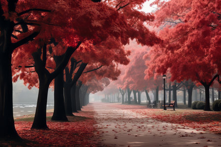Crimson Canopies: Exploring the Enchanting Red Leaf Trees in the Park AR 3:2の素材