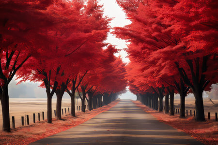 Serenity Unveiled: Captivating Red Leaf Trees Along the Road - AR 3:2の素材