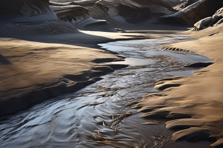 Mystical Reflections: Exploring the Rough Dark Sand of a Shallow Riverの素材