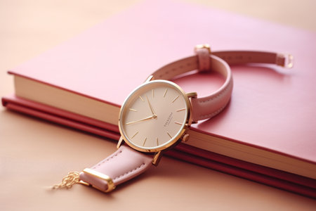 Pink Leather Strap Analog Watch Adds Elegance to Gold-colored Round Timepiece on Pink Notebookの素材