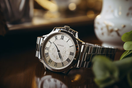 A Timeless Round Silver-Colored Watch Takes Center Stage on a Tableの素材