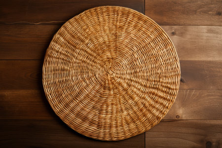Wicker Wonderland: Exploring the Artistry of Round Wicker Boards on a Wooden Surface --ar 3:2の素材