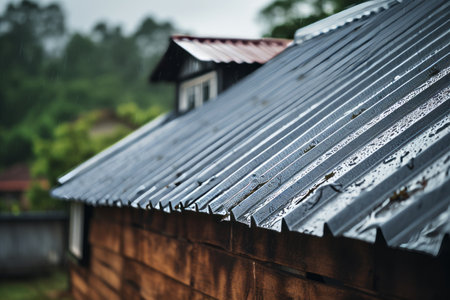 Captivating Rainy Day Imagery: Artistic Display of Corrugated Metal Sheet on a House with Selectiveの素材