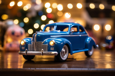 Vintage Charm Illuminated: Captivating Selective Focus Photography of Classic Blue Coupe Die-cast Moの素材