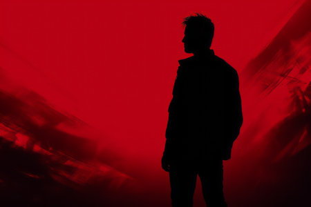 Striking Silhouette: Bold Man Standing Against Dramatic Black and Red Backdrop - AR 3:2の素材