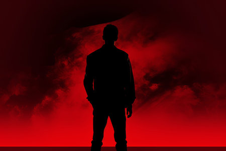 The Striking Silhouette: A Mans Resolute Stance amidst a Black and Red Backdropの素材