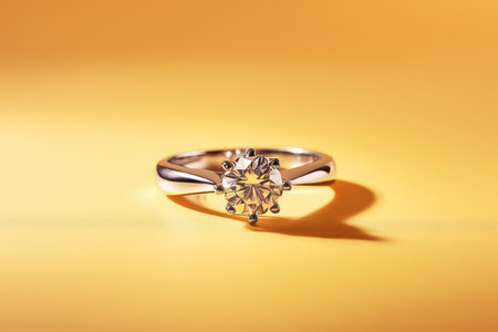 Glistening Elegance: A Silver Diamond Ring on a Vibrant Yellow Surfaceの素材