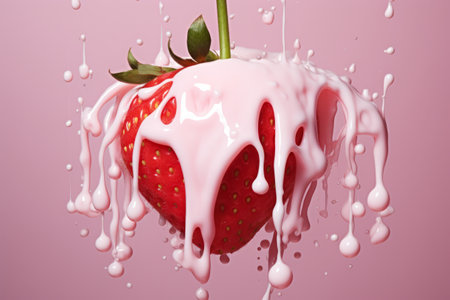 Captivating Contrasts: Exploring the Strawberry Drop on Milk --ar 3:2の素材