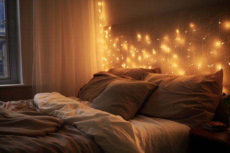 Gorgeous Bedroom Ambiance: String Lights Gracefully Adorned on Bed Frameの素材