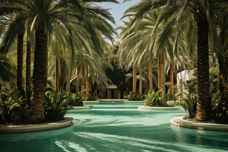 Tropical Oasis: A Refreshing Swimming Pool With Lush Green Palm Trees --ar 3:2の素材