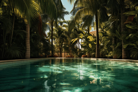 Tropical Oasis: Discover a Serene Swimming Pool Surrounded by Lush Green Palm Trees (AR 3:2)の素材