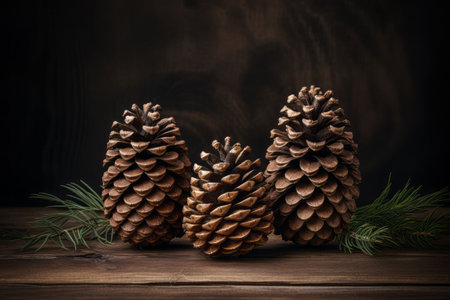 Harmony in Nature: A Close-Up of Three Pine Cones on a Textured Brown Surface --ar 3:2の素材