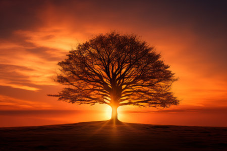 Golden Hour Glow: Captivating Silhouette Photography of a Majestic Treeの素材