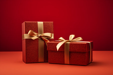 A Pair of Alluring Brown-and-Red Gift Boxes Posing on a Vibrant Red Surfaceの素材