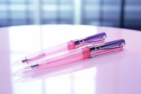 Ink It with Style: A Close-Up of Two Pink Ballpoint Pens on a Table [Artistic 3:2 Perspective]の素材