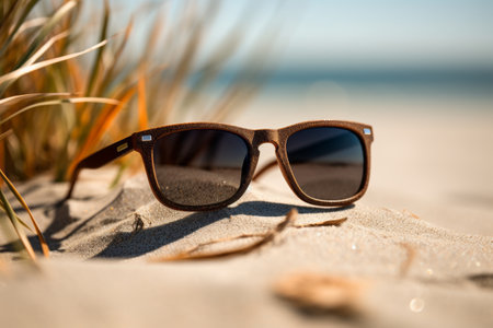 Capturing the Playful Charm of Wayfarer Sunglasses on Sand: Tilt Shift Lens Photography in a Strikinの素材