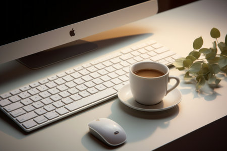 Aesthetic Harmony: White Apple Keyboard Complements White Cup in a Perfect 3:2 Arrangementの素材