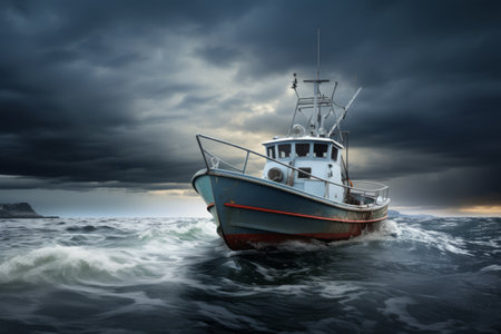 A Serene Voyage: The White Boat Amidst the Cloudy Ocean Watersの素材