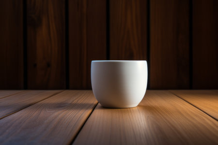 Serenity in Simplicity: A Snapshot of a White Ceramic Cup on a Brown Wooden Surfaceの素材