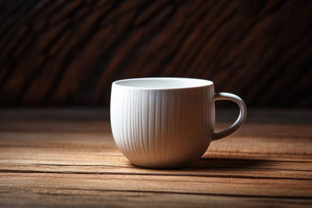 Aesthetic Vibes: Exquisite White Ceramic Cup Gleaming atop a Natural Brown Wooden Surface â AR 3:2の素材